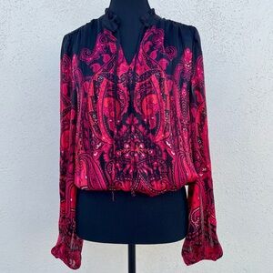 Black and Red Paisley Tie-Neck Long Sleeve XS Blouse